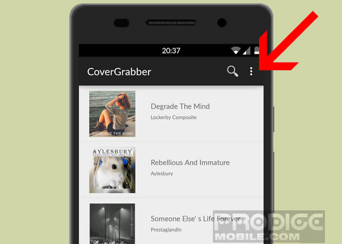 Recherchez vos nouveaux fichiers MP3 via le menu de l’appli Album Art Downloader