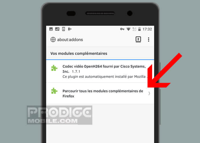 Choisissez dans le menu la liste des extensions disponibles pour Android