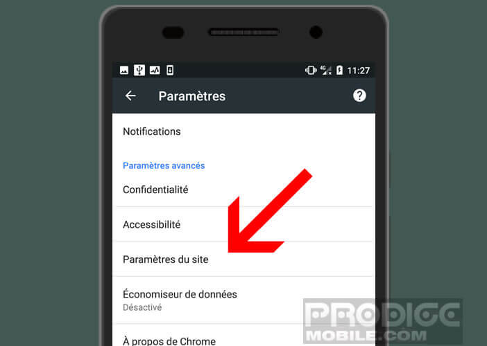 Ouvrez les paramètres de site dans l’application Google Chrome