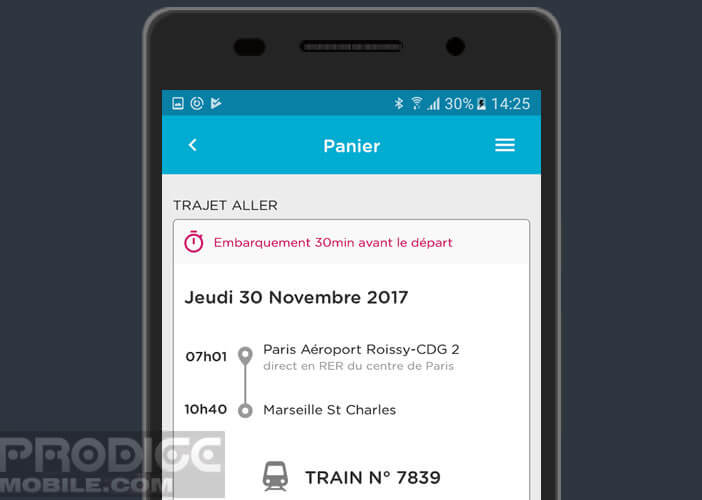 L’application Ouigo affiche le résumé de votre voyage sur votre mobile Android