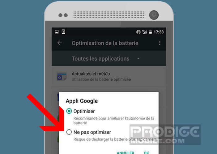 Exclure les applications liées à un widget de Doze