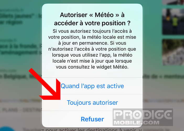 Autoriser le widget Météo à accéder à votre position GPS