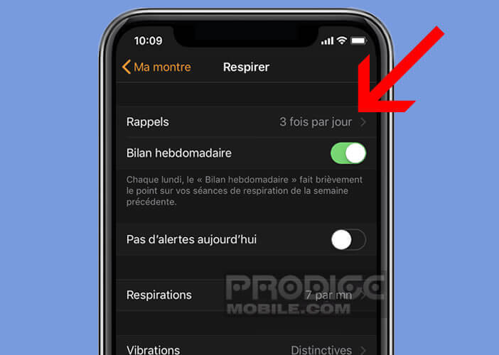 Modifier la fréquence des notifications des rappels à respirer