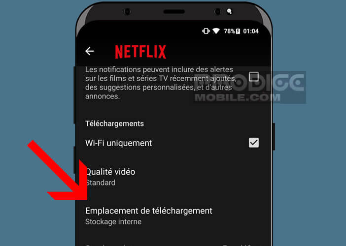 Accéder aux paramètres lieu de téléchargement sur l’appli Netflix