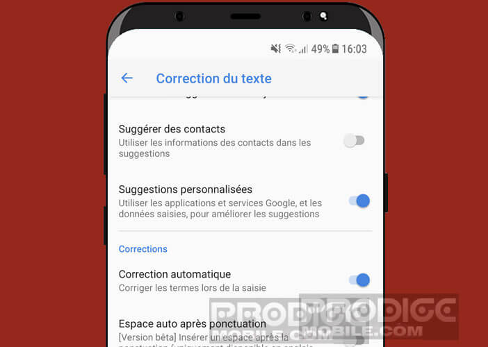 Désactiver la fonction de suggestion du mot suivant