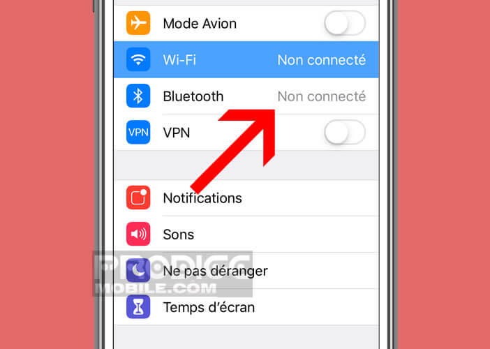 Non connecté indique que le Bluetooth est encore activé