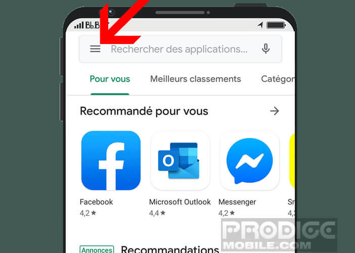 Accéder aux paramètres du Play Store depuis le bouton menu