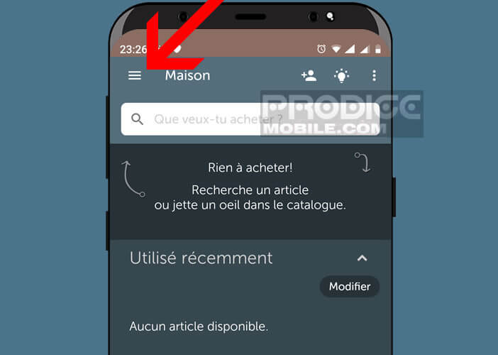 Ouvrir le menu de l’application de gestion de courses Bring