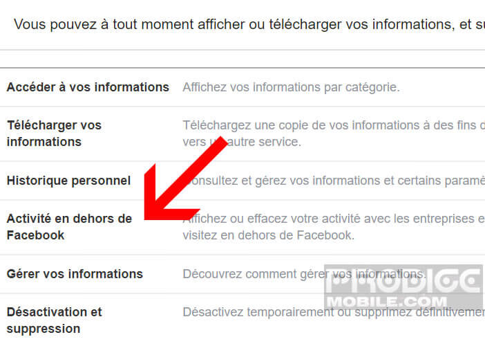 Afficher les activités des sites visités en dehors de Facebook