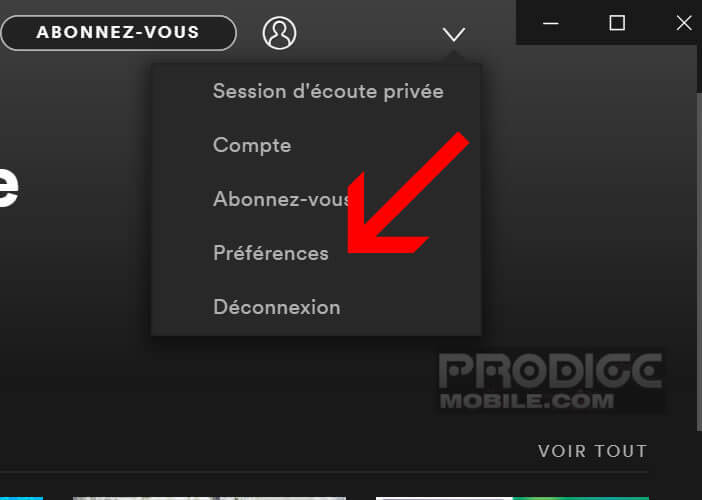 Ouvrir le menu Préférences de l’application Spotify