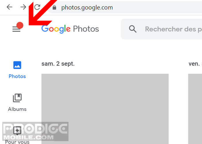 Ouvrir le menu des options du site Google Photos