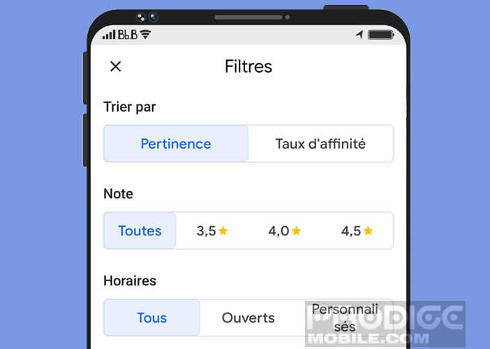 Appliquez un filtre de recherche pour les restaurants sur Maps