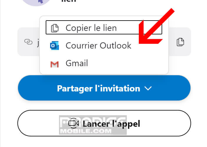 Partager le lien de l’invitation à la visioconférence par mail