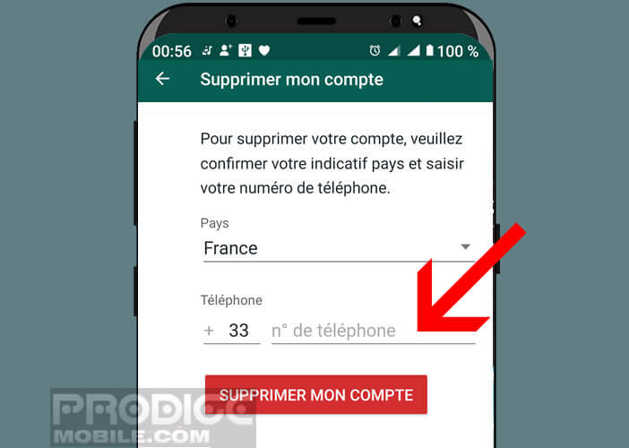 Saisir le numéro de téléphone dans l’application