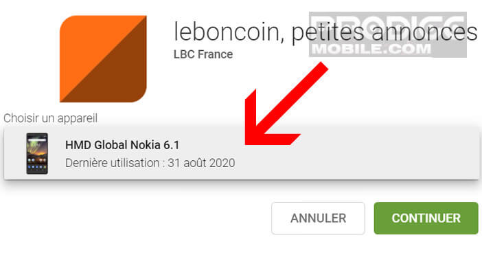 Sélectionner l’appareil Android sur lequel vous souhaitez télécharger l’appli