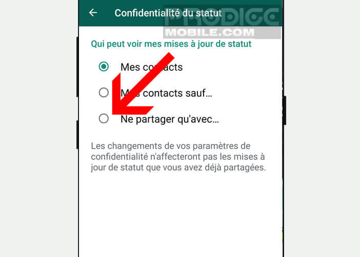 Sélectionner les contacts avec lesquels vous souhaitez partager votre statut