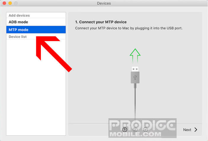 Activer le MTP mode sur le logiciel MacDroid