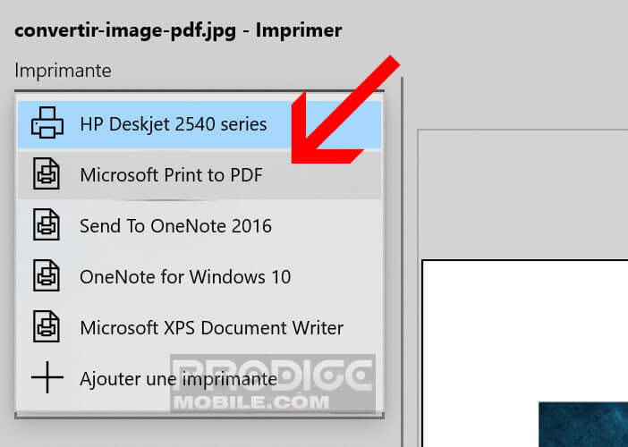 Sélectionner l’option Microsoft Print to PDF