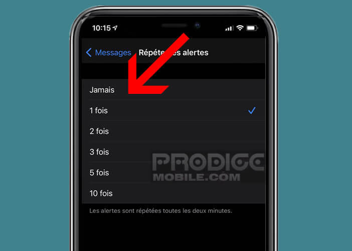 Activer l’option jamais sur les alertes de message