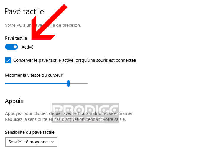 Vérifiez que la fonction Touchpad est bien activée dans Windows