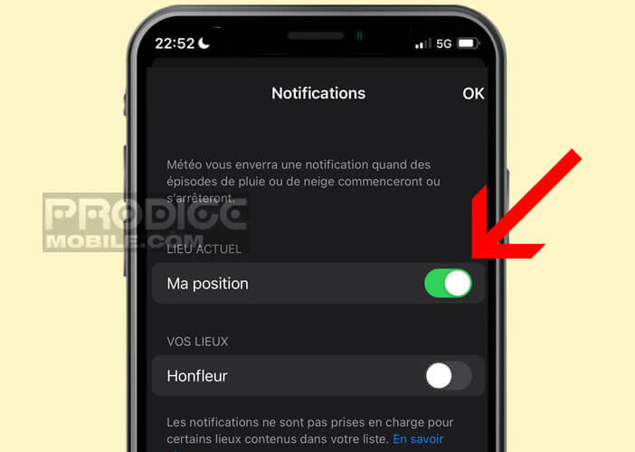 Sélectionnez l’emplacement pour les notifications liées à la pluie