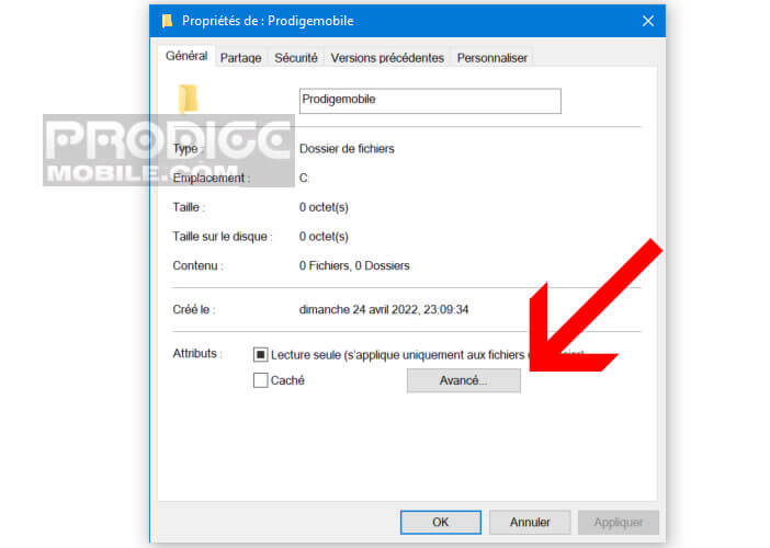Ouvrir les propriétés avancés d’un répertoire d’un PC