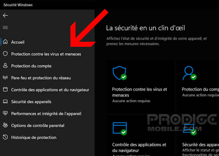 Accéder à la section protection virus et menaces de votre PC