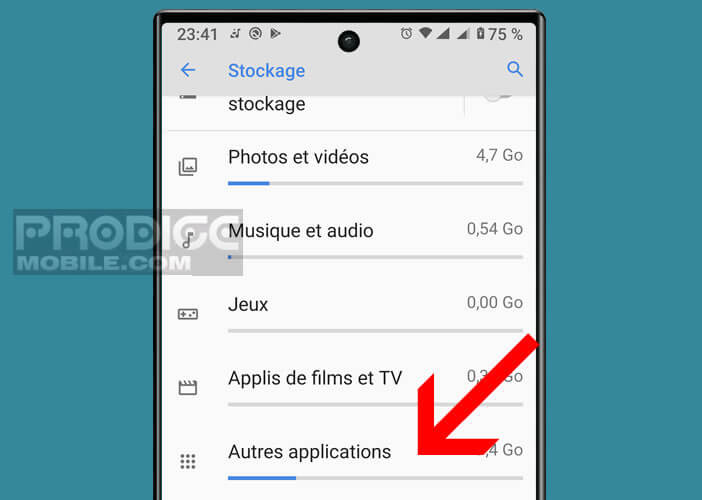 Aller dans la section Autres applications de la rubrique stockage d’Android