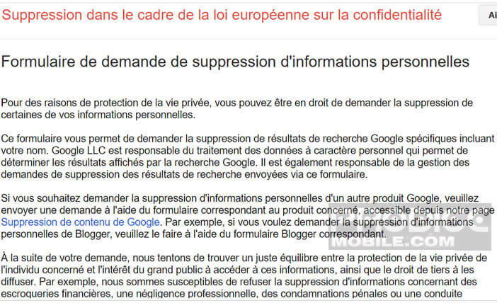 Remplir le formulaire de demande de suppression de données