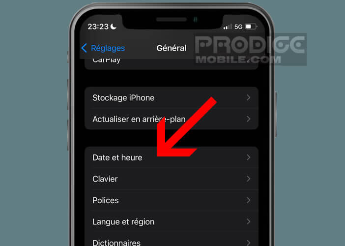 Ouvrir les paramètres date et heure de iOS