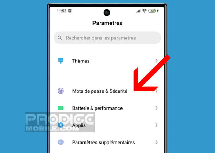 Accédez aux paramètres mots de passe et sécurité du mobile