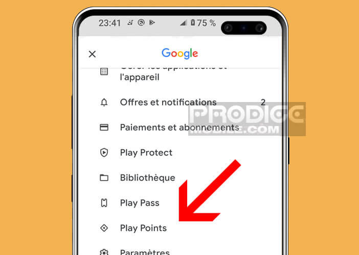 Ouvrez le menu de la rubrique Play Points sur votre téléphone