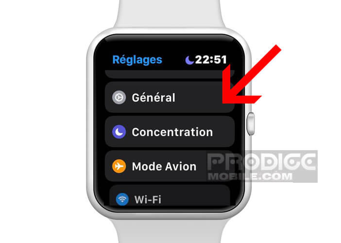 Accéder à la rubrique Général de Watch OS