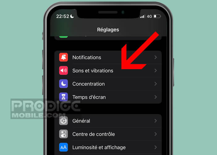 Ouvrir la rubrique Sons et vibrations dans les réglages de l’iPhone