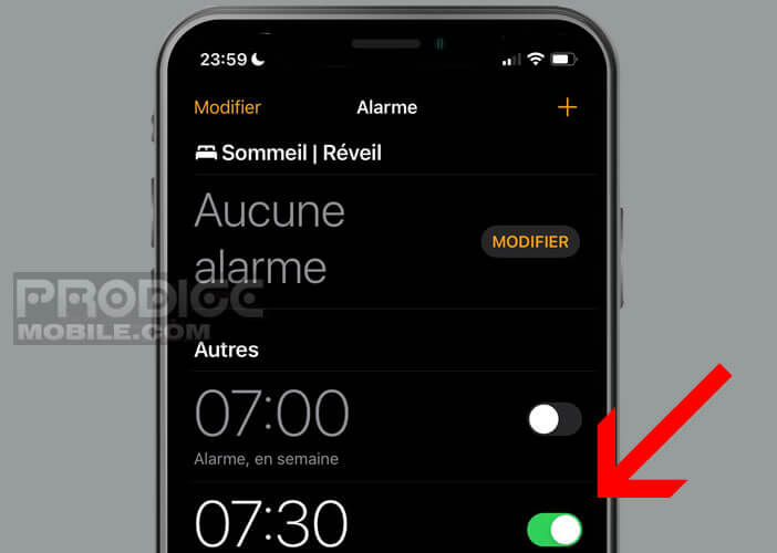 Arrêter le fonctionnement d’un réveil programmé dans l’app Horloge