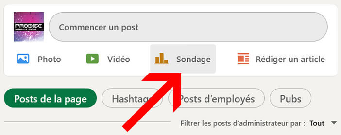 Cliquez sur l’icône sondage se trouvant sur l’interface de création de post