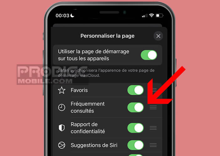 Option pour personnaliser la page de démarrage de Safari