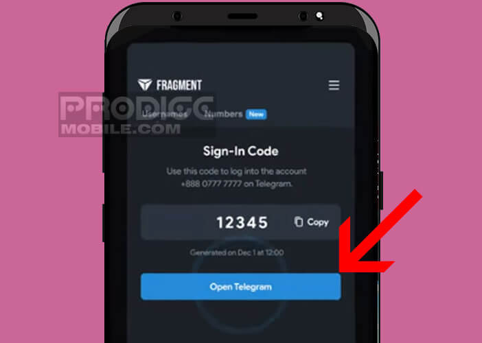 Entrer le code fournit par Fragments lors de la création d’un compte Telegram