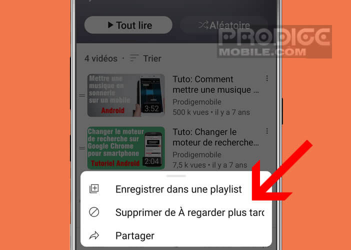 Supprimer une vidéo de la playlist A regarder plus tard