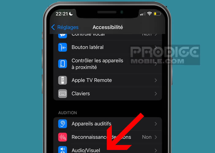 Accéder aux réglages audio/visuel sur iOS