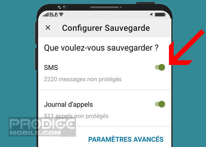 Sélectionnez le type de données que vous souhaitez sauvegarder