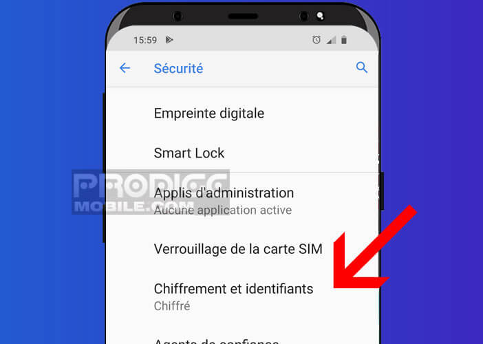 Ouvrir l’option chiffrement et identifiant de l’OS mobile de Google