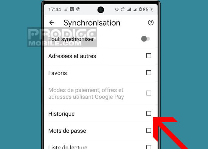 Désactiver la synchronisation de l’historique de consultation de sites