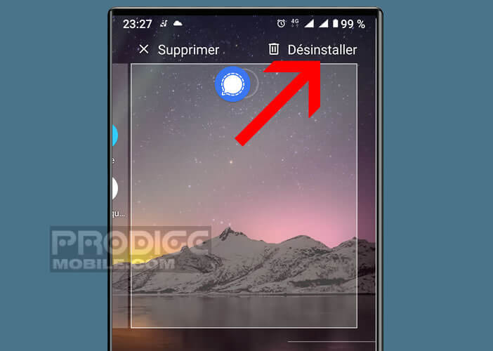 Faire glisser l’icône sur l’onglet Désinstaller d’Android