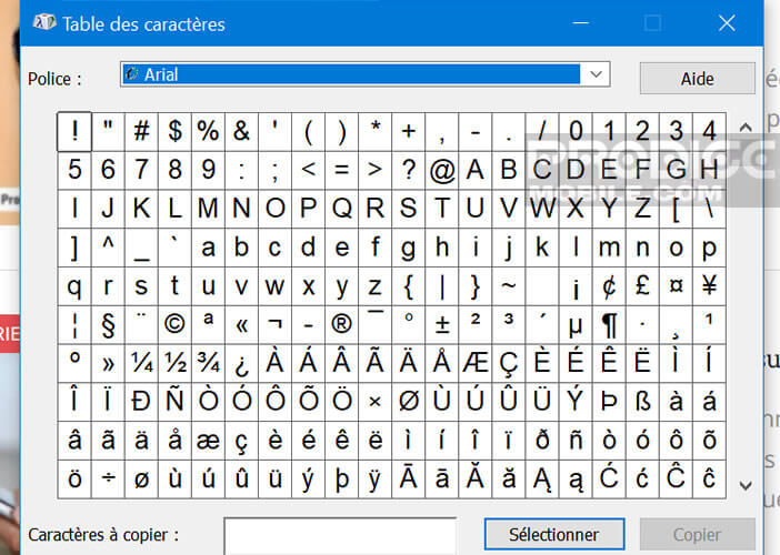 Ouvrir l’application Table des caractères de Windows