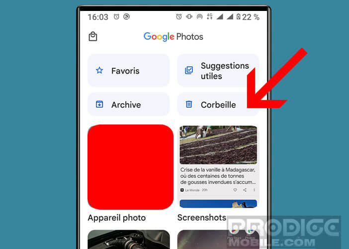 Accéder à la fonction Corbeille de Google Photos