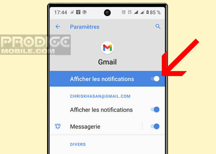Afficher les paramètres des alertes pour la messagerie Gmail