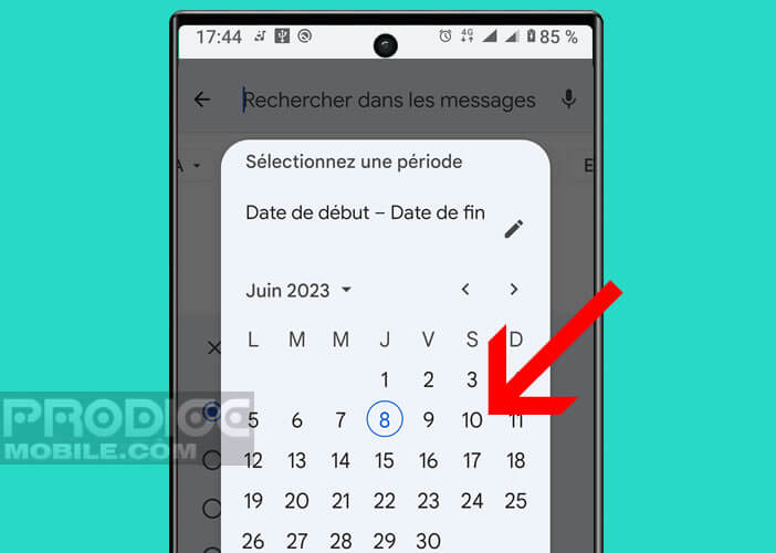 Définir une plage de dates pour la recherche de mails