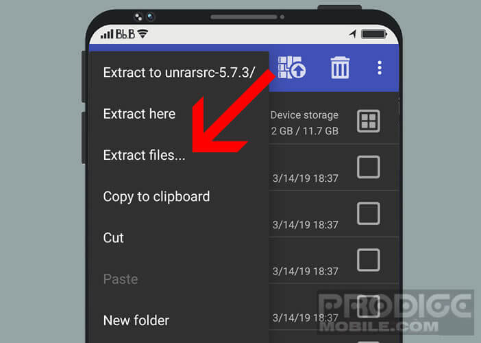 Accéder au menu d’options de l’application RAR for Android