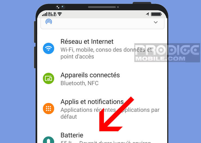 Ouvrir la fonction Batterie depuis les paramètres Android